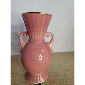 Vintage Royal Copley Pink Ceramic Vase Double Handle Gold Trim MCM Art Decor